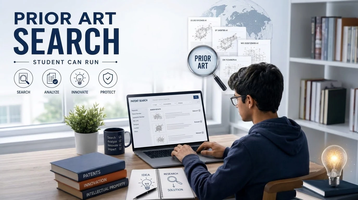 Prior art search — student running a patent search on a laptop