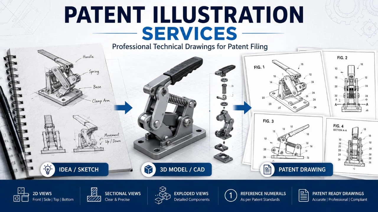 Patent illustration workflow — idea sketch to 3D CAD model to patent-ready figures