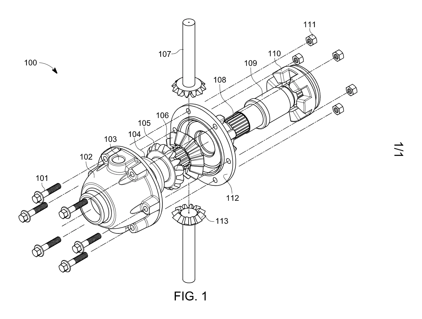 Utility patent drawing of a gearbox assembly, exploded view with reference numerals